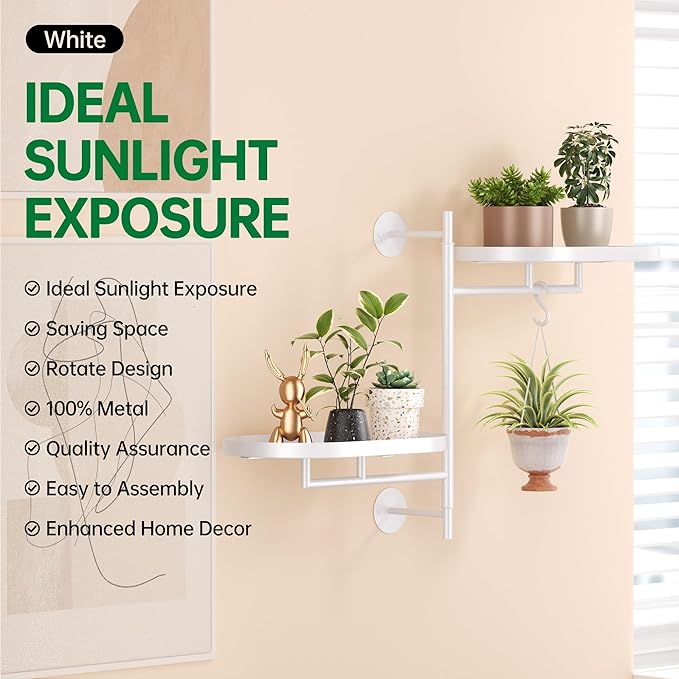 Rotating Window Plant Shelves for Multiple Plants Indoors,2-tier Metal Corner White Plant Stand Holder Floating Plant Shelf for Wall，Windows Sill Gifts for Plant Lovers to Enhance Home Decor-VerdiqueGarden