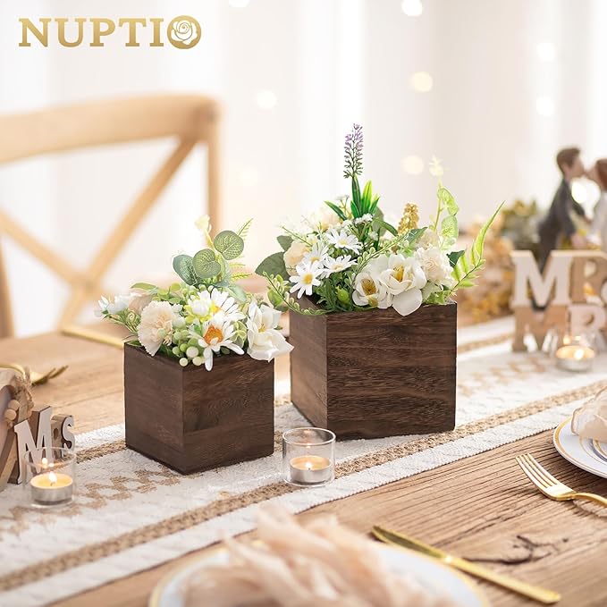 NUPTIO Wooden Box for Centerpiece Wedding: 6 Pcs Rustic Square Planter Box for Christmas Centerpiece Table Fall Decorations - 4×4" & 5×5" Small Wood Vases Flower Pots for Windowsill Home Garden Decor-VerdiqueGarden