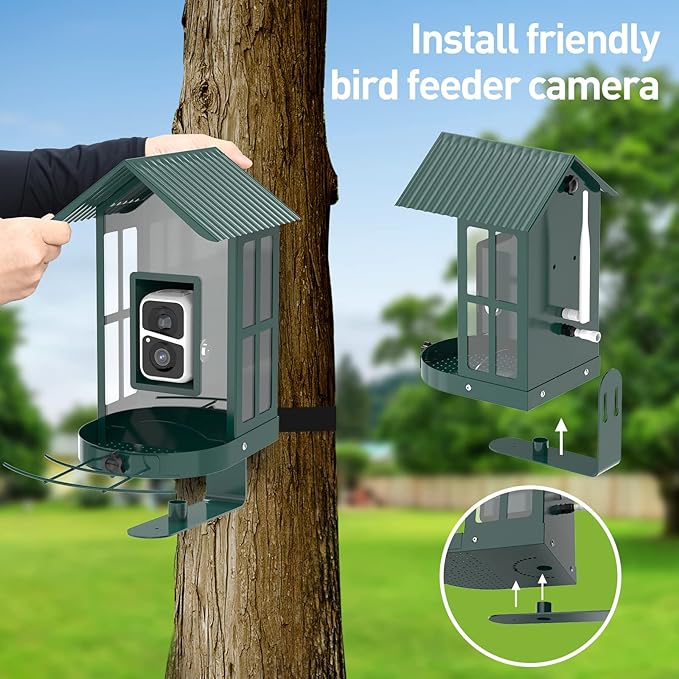 Soliom- Bird Feeder with Camera, 5W Solar Powered, AI Identify Species, Smart Wild Bird Watching, 2K Live View, Instant Arrival Alerts,Large 2.7L Seed Capacity, Metal Squirrel Chew-Proof - BF08 Green-VerdiqueGarden