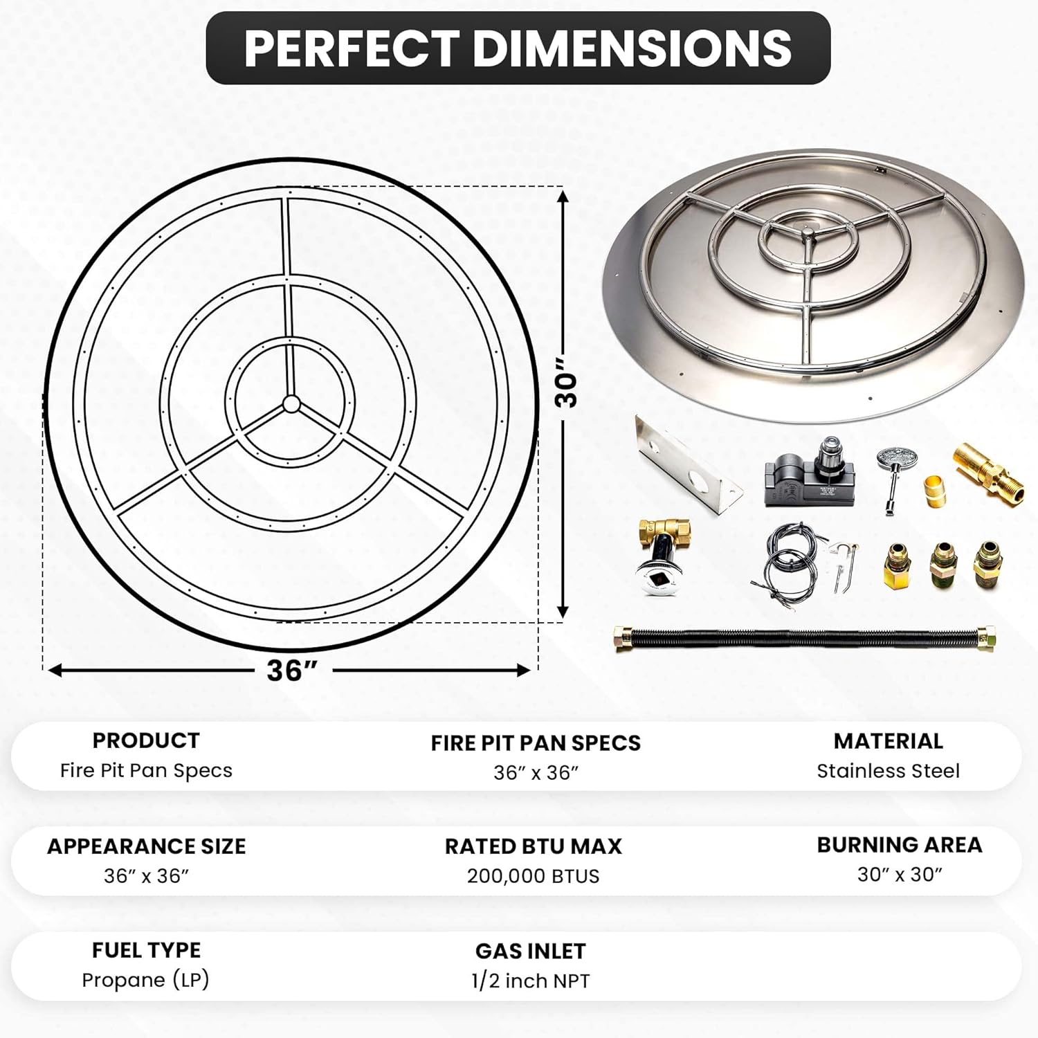 Stainless Steel Fire Pit Burner Pan & Ring Standard Kit with Spark Ignition for Liquid Propane, 36-Inch Pan, 30-Inch Ring, 200,000 BTU Max-VerdiqueGarden