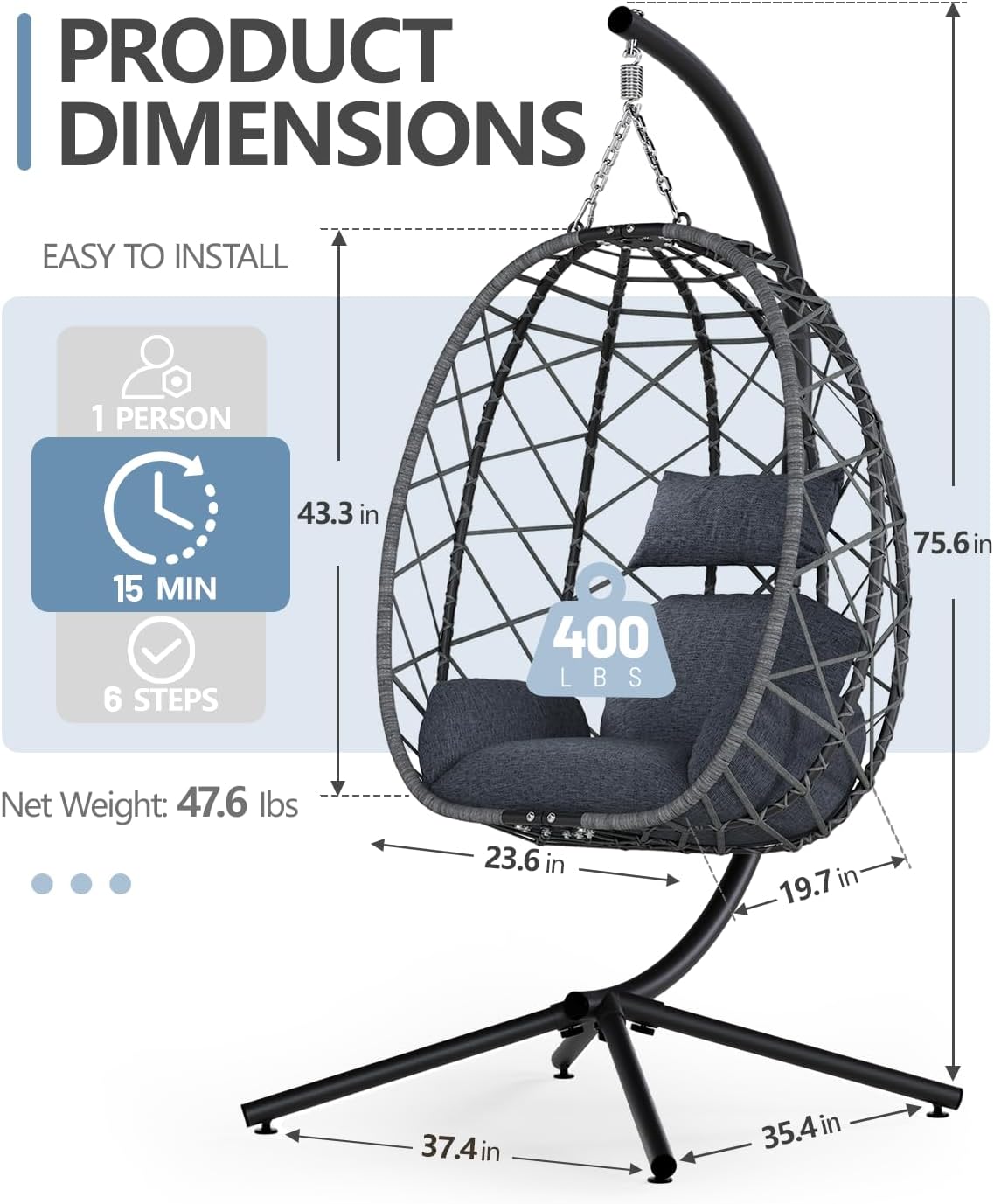 SWITTE Egg Swing Chair with Stand, Outdoor Patio Hanging Egg Chair, Indoor Hammock Chair with Cushion for Garden Backyard, 400LBS Capacity-Dark Grey-VerdiqueGarden