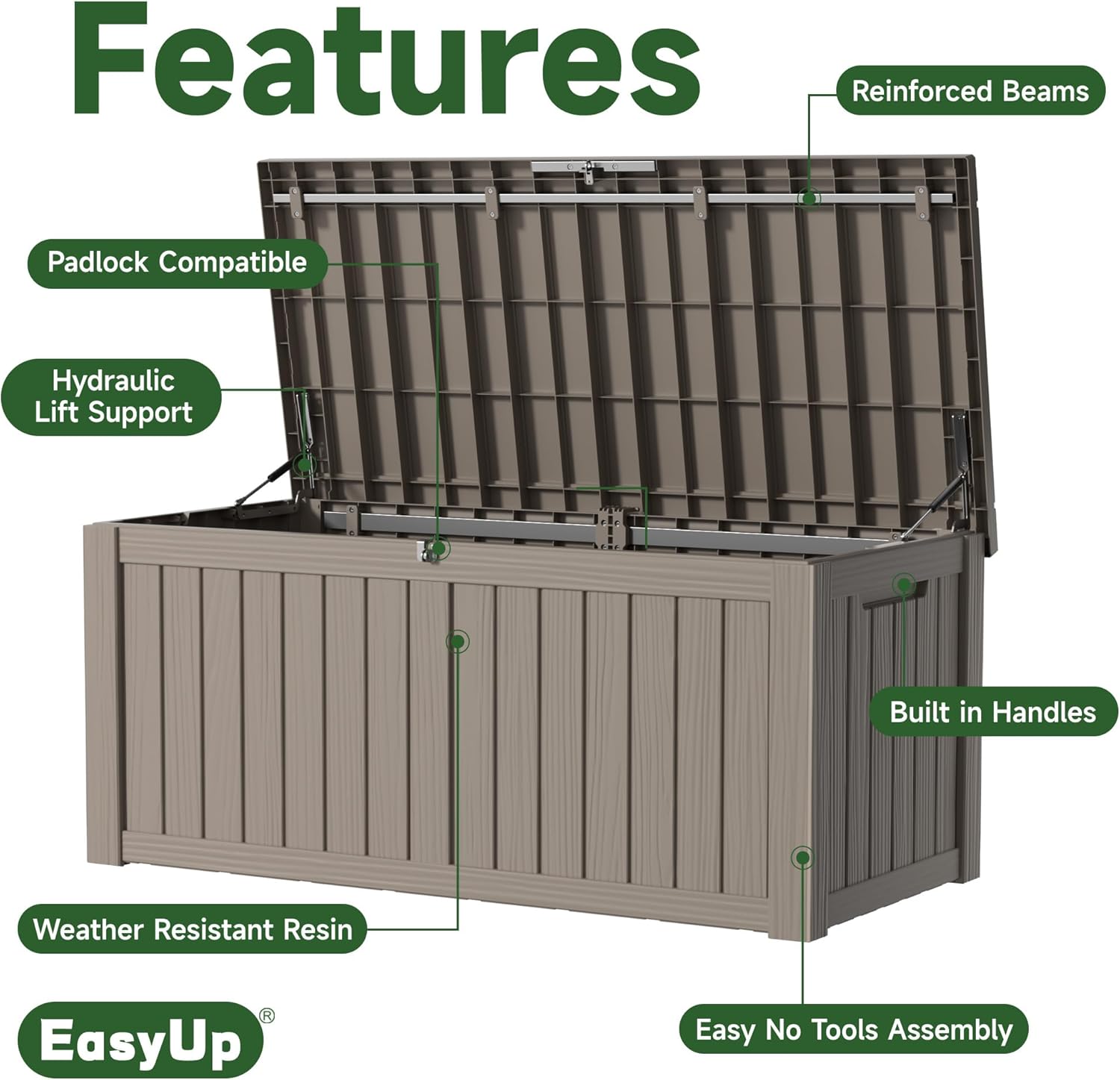 120 Gallon Outdoor Storage Box Waterproof, UV Resistant Resin Deck Box with Hydraulic Rod, Reinforced Stability for Patio, Garden, and Pool, Striped Gray-VerdiqueGarden