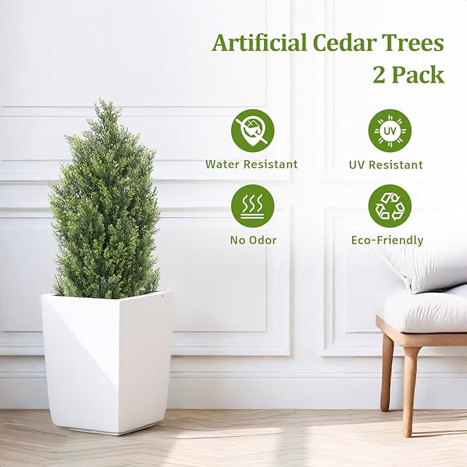 THE BLOOM TIMES 3ft Topiary Trees Artificial Outdoor 2 Pack – UV Resistant Faux Cedar Pine Cypress Bushes and Shrubs, Fake Potted Plants for Front Porch Outside Planter Patio Decor, Set of 2 (3 Foot)-VerdiqueGarden