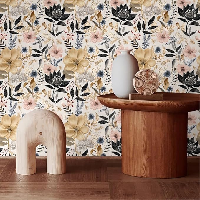 White/Pink/Gold Floral Garden Black Blue Flowers Vintage Peel and Stick Wallpaper Self Adhesive Removable Easy Peel Off Contact Paper Stick on Wall Paper for Bedroom Cabinet Renter Friendly-VerdiqueGarden