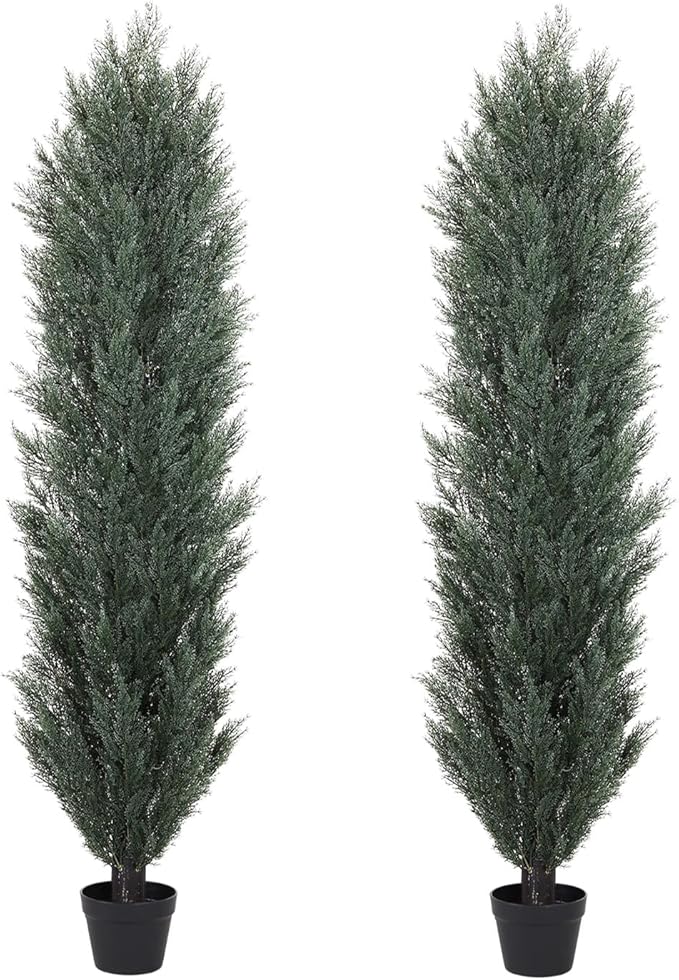 THE BLOOM TIMES 6ft Tall Topiary Trees Artificial Outdoor – UV Resistant Faux Cedar Pine Cypress Bushes and Shrubs, Fake Potted Plants for Front Porch Outside Planter Patio Decor, Set of 2 (6 Foot)-VerdiqueGarden