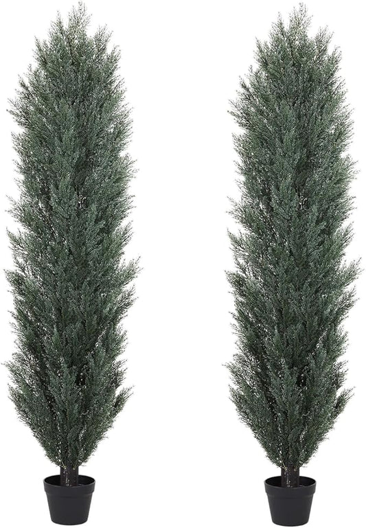 THE BLOOM TIMES 6ft Tall Topiary Trees Artificial Outdoor – UV Resistant Faux Cedar Pine Cypress Bushes and Shrubs, Fake Potted Plants for Front Porch Outside Planter Patio Decor, Set of 2 (6 Foot)-VerdiqueGarden