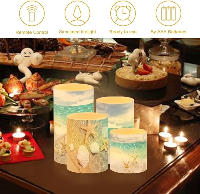 Black Flameless LED Battery Candles 4PCS Pillar Candles with 18-Key Timer Remote Colorful Light for Christmas Party Celebration Decor, Seawater Starfish-VerdiqueGarden