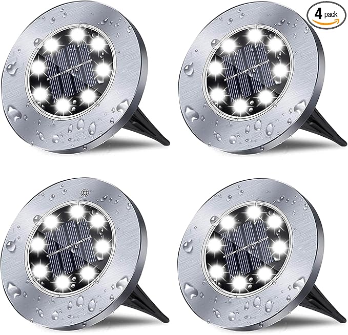 Solar Ground Lights, 4 Pack 8 LED White Solar Pathway Lights, Waterproof, Modern, Outdoor, In-Ground, Garden, Path, Deck, Lawn, Patio, Walkway-VerdiqueGarden