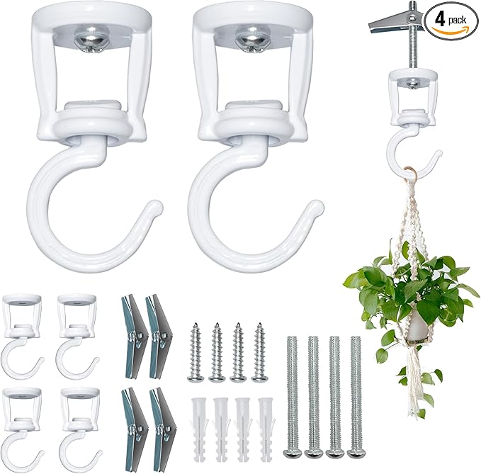 Ceiling Hooks for Hanging Plants (4 PCS White),Heavy Duty Metal Plant Hooks, Screw in Hooks for Hanging Birdfeeders, Lamps, Planters, Outdoor Decorative Hooks up to 33 lbs-VerdiqueGarden
