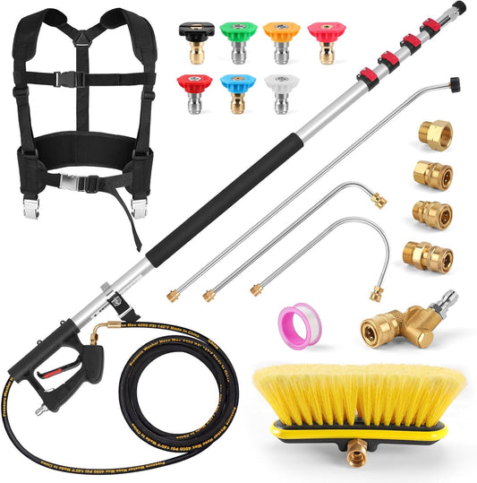 24FT Telescoping Power Washer Extension Wand, Gutter Cleaning Tools with Brush Head, 4 Adapters, 7 Spray Nozzles, Upgraded Support Belt, Pressure Washer Wand Extension for Wall Roof Gutter-VerdiqueGarden