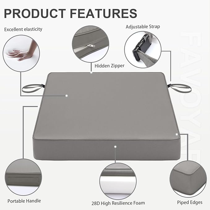 Favoyard Patio Chair Cushions 19 x 19 x 3 Inch Waterproof Outdoor Seat Cushions for Patio Furniture 3-Year Color Fastness Garden Sofa Couch Chair Pads with Handle & Adjustable Straps Set of 2, Grey-VerdiqueGarden