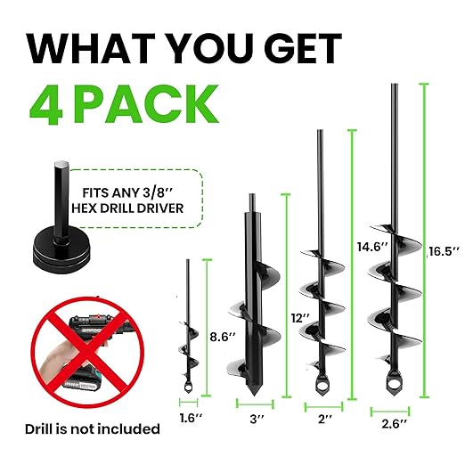 Auger Drill Bit for Planting 4 Pack – Garden Spiral Hole and Bulb Planter Tool for Umbrella Holes - Compatible with 3/8 Inch Hex Drive-VerdiqueGarden