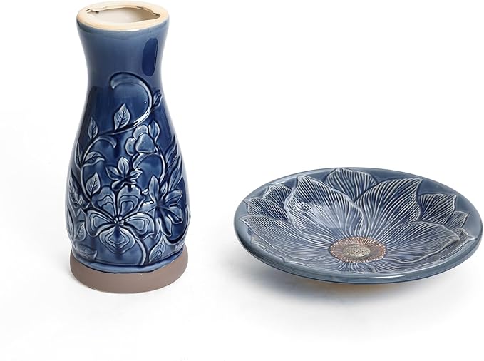 LuxenHome 22 Inch Ceramic Bird Bath for Outside, Elegant Tall Outdoor Bird Bath, Lightweight Pedestal Glazed Birdbaths for Outdoors with Floral Pattern, Deep Blue-VerdiqueGarden