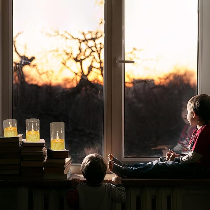 Battery Operated Candles with 6H Timer, 3 Pack Glass LED Flikcering Flameless Candles, Clear Pillar Candles with 3D Flame for Spring Wedding Home Bedroom Decor(Set of 3)-VerdiqueGarden