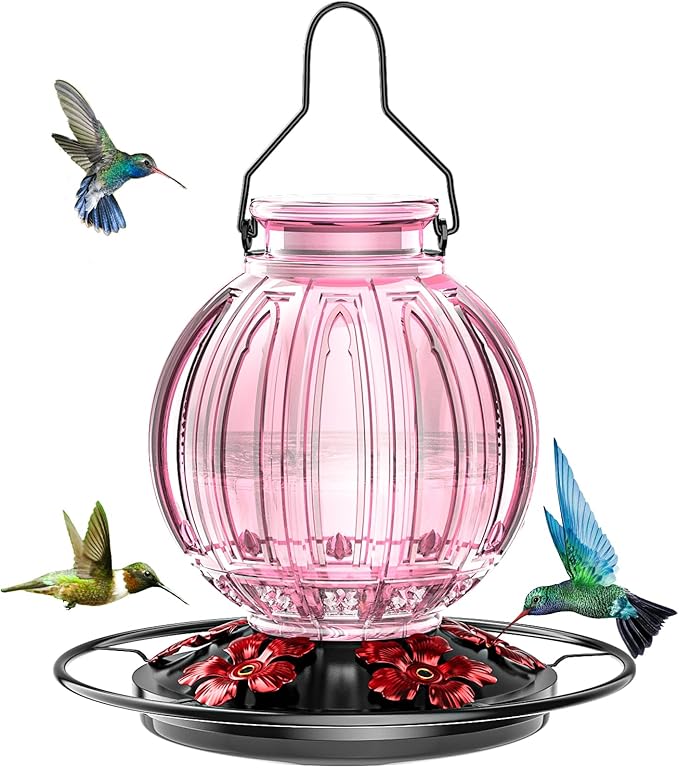 Glass Hummingbird Feeder for Outdoors Hanging, Bird Nectar Feeder with Perch & 5 Flower Feeding Ports, 26 Oz Leak Proof for Outside Garden Decor Backyard, Gifts for Women Mom, Pink-VerdiqueGarden