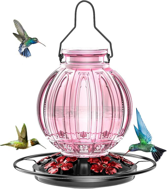 Glass Hummingbird Feeder for Outdoors Hanging, Bird Nectar Feeder with Perch & 5 Flower Feeding Ports, 26 Oz Leak Proof for Outside Garden Decor Backyard, Gifts for Women Mom, Pink-VerdiqueGarden