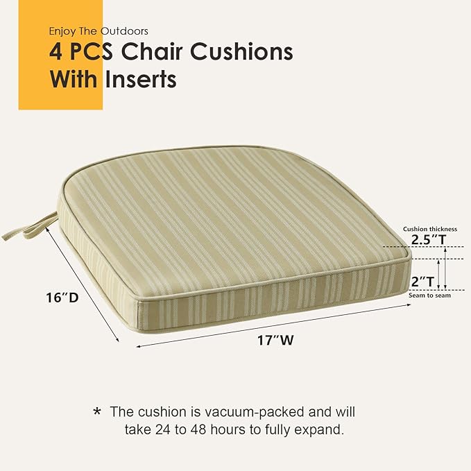 Outdoor Round Corner Seat Cushion, 17"x16"x2", Set of 4, Non Slip Seat Cushion Pads with Removable Cover for Patio Furniture, Garden Yard Lawn, Beige Brown Stripe-VerdiqueGarden