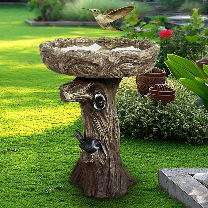 SKYFIRE 23” Tall Fibre Reinforced Concrete Birdbaths with Birds for Patio, Woodland Tree Trunk Decorative Outdoor Bird Bath for Garden，Pedestal Birdbaths for Outdoors, Garden, Patio, Lawn, Backyard-VerdiqueGarden