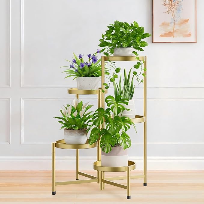 iDavosic.ly 5 Tier Large Plant Stand Indoor, 10 Inch Wide Tall Corner Metal Plant Stands Outdoor for Multiple Plants, Folding Tiered Flower Display Holder Rack Shelf, Gold-VerdiqueGarden