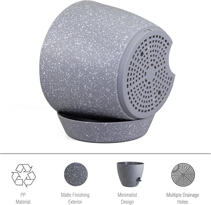 12 inch Large Self Watering Pots, Plant Pots with Mesh Drainage Holes for Indoor Outdoor Plants, Plastic Planters with Deep Reservoir for Garden House Flower Plants, Speckled Grey-VerdiqueGarden