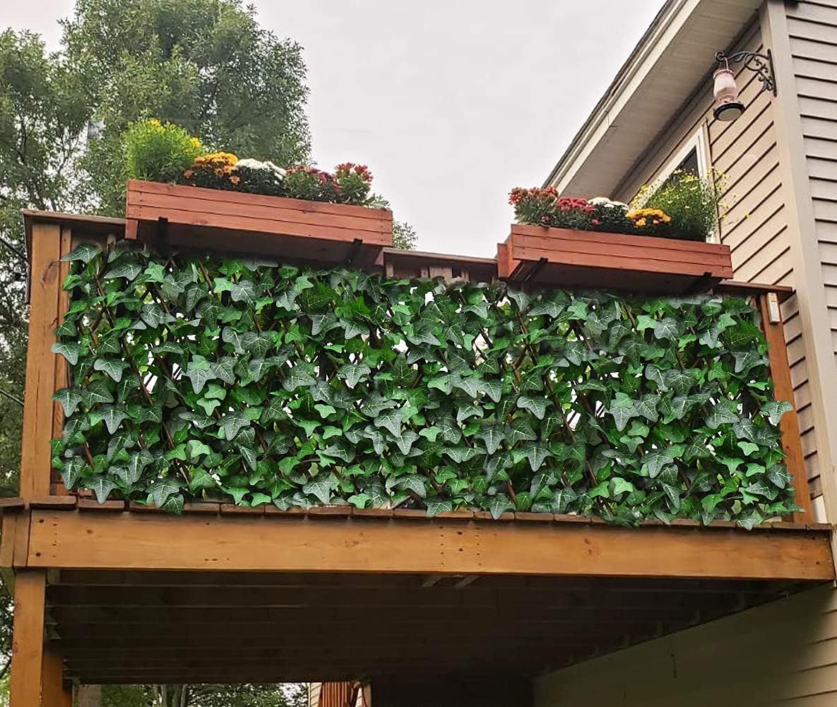 Expandable Fence Privacy Screen for Balcony Patio Outdoor,Decorative Faux Ivy Fencing Panel,Artificial Hedges (Single Sided Leaves) (4, Green-Ivy)-VerdiqueGarden