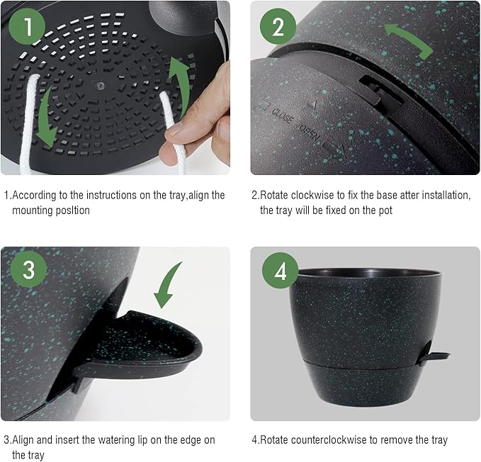 10/9/8 inch Self Watering Pots, Set of 3 Plastic Planters with Mesh Drainage Holes and Deep Reservoir for Indoor Outdoor Garden Plants and Flowers, Black with Green Speckles-VerdiqueGarden