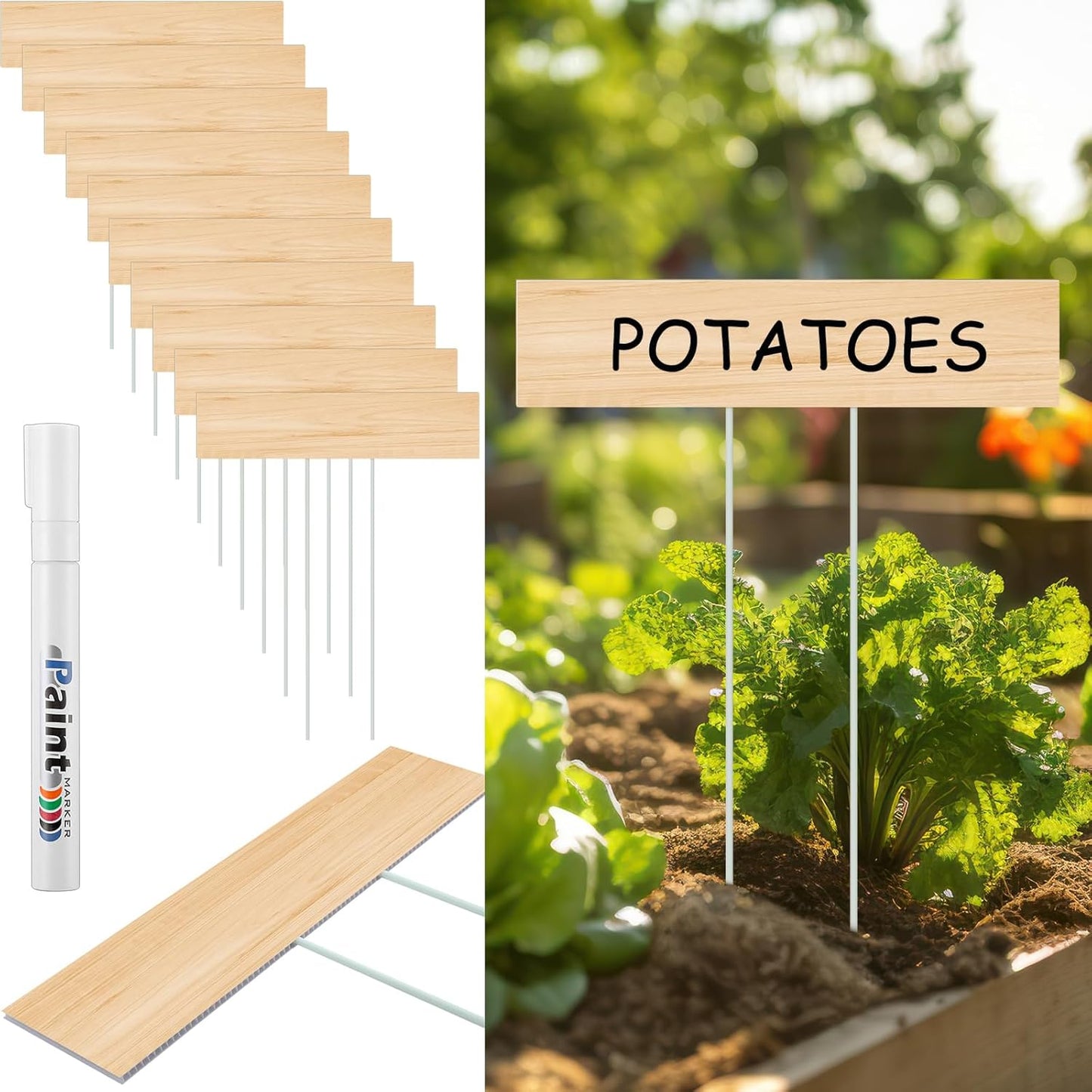 10 Set Jumbo Outdoor Plant Label Stakes Waterproof Nursery Garden Markers Plastic T Type Plant Tag Identification Stake with Marker Pen for Herb Vegetable Flowers, 12" High(Wood Color)-VerdiqueGarden