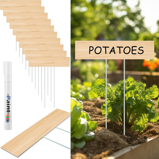 10 Set Jumbo Outdoor Plant Label Stakes Waterproof Nursery Garden Markers Plastic T Type Plant Tag Identification Stake with Marker Pen for Herb Vegetable Flowers, 12" High(Wood Color)-VerdiqueGarden