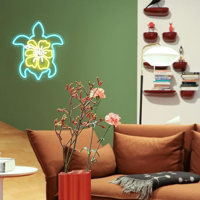 Sea Turtle Hibiscus Neon Signs for Wall Decor Blue Turtle Neon Light Yellow Flower LED Neon Wall Sign Ocean Neon Light Up Sign for Bedroom Living Room Office Decor Sea Turtle Gifts-VerdiqueGarden