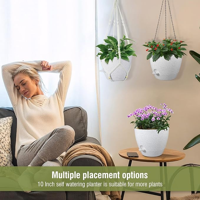 10 inch Self Watering Hanging Planters, 2 Pack Hanging Baskets for Indoor Outdoor Plants, Hanging Flower Pots with Drainage Holes and 2 Kinds of Plant Hangers for Garden Decor, Speckled White-VerdiqueGarden