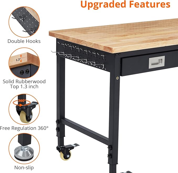 48x24 Inch Heavy-Duty Adjustable Workbench with Rubber Wood Top – 2000LB Capacity Mobile Garage Workstation with Drawer, Ideal for Workshop, DIY & Tool Storage-VerdiqueGarden