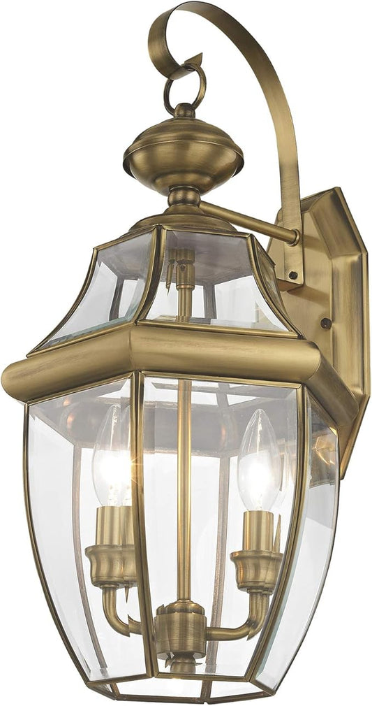Livex Lighting 2251-01 Monterey 2 Light Outdoor Antique Brass Finish Solid Brass Wall Lantern with Clear Beveled Glass-VerdiqueGarden