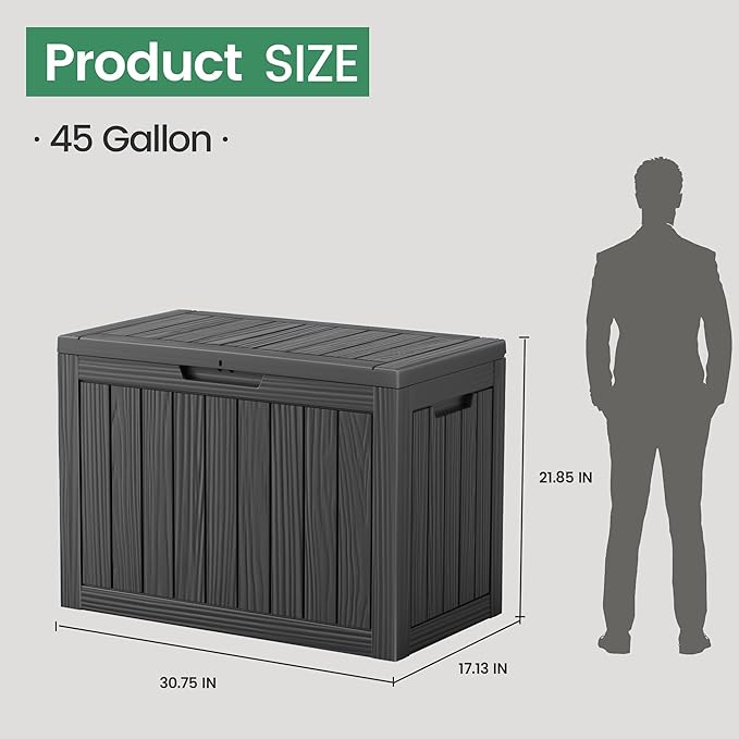 45 Outdoor Storage Box, Waterproof Resin Deck Box with Side Handles, Lockable Outdoor Bench for Indoor & Outdoor Use, Storage Bin for Patio Cushions, Garden Tools, Package Delivery, Black-VerdiqueGarden
