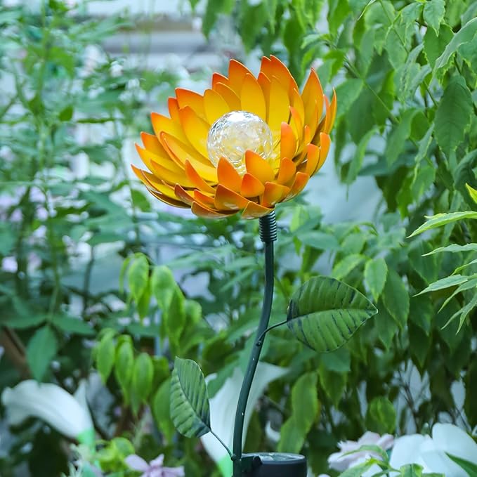 VCUTEKA Solar Garden Lights Metal Flower Decor Colorful Yellow Flowers Solar Pathway Light with LED Cracked Crystal Ball Outdoor Decorative Stake for Patio Yard Lawn-VerdiqueGarden
