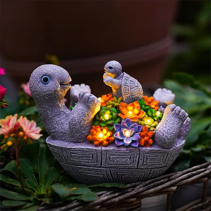 Solar Turtle Figurines Garden Decor, Cute Turtle Statue with Baby with 8 LED Solar Lights Garden Lawn Decorations for Patio & Yard, Gifts for Mom-VerdiqueGarden
