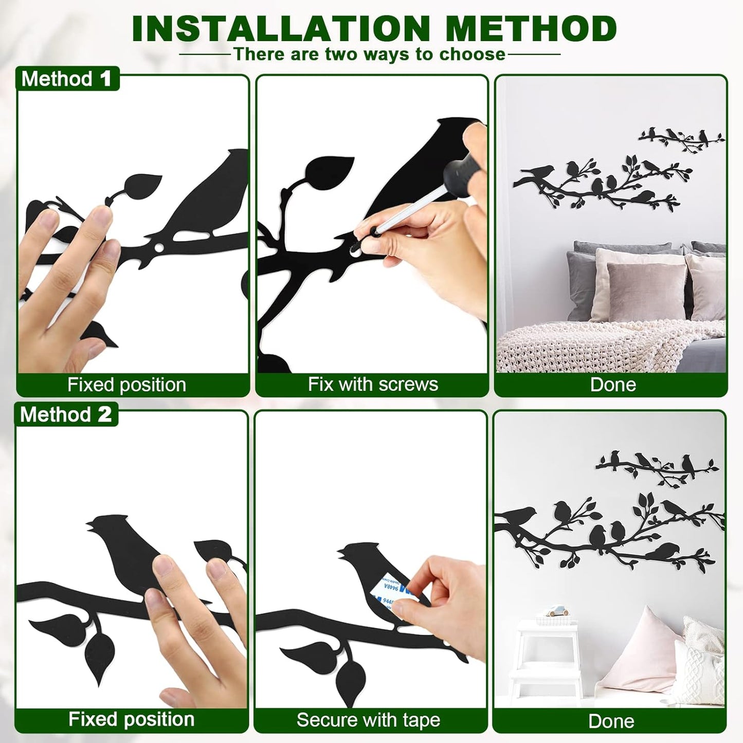 ULENDIS 3Pcs Large Metal Birds Wall Art, Bird on Branch Metal Birds Wall Decor Leaves with Bird Silhouette Sculpture, Ornament Branch Wall Hanging Sign for Balcony Garden Indoor Outdoor Decor-VerdiqueGarden