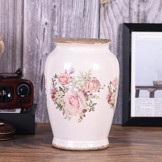 Vintage Vase for Flowers,Pink Chinoiserie Ceramic Vase,Rustic Farmhouse Cracked Vases,for Flower Arrangement,Living Room, Office, Shelf, Fireplace Tables,Centerpieces,Chinoiserie Pottery Decor(A)-VerdiqueGarden