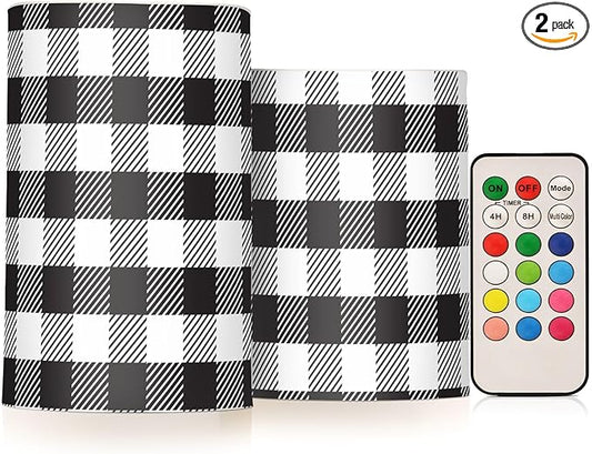 Flickering Flameless Candles, Black White Buffalo Plaid LED Candles with Remote Timer, Set of 2 Battery Operated Candle for Valentine Wedding Birthday-VerdiqueGarden