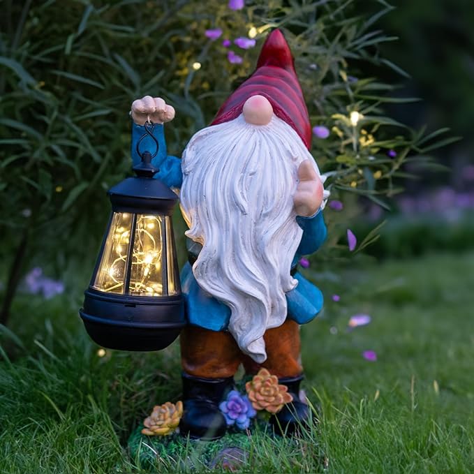 Solar Garden Statue Lights Gnome Figurine with Solar Lantern, Outdoor Garden Succulent Ornaments Waterproof Christmas Decoration for Outside Patio Yard Lawn Decor-VerdiqueGarden