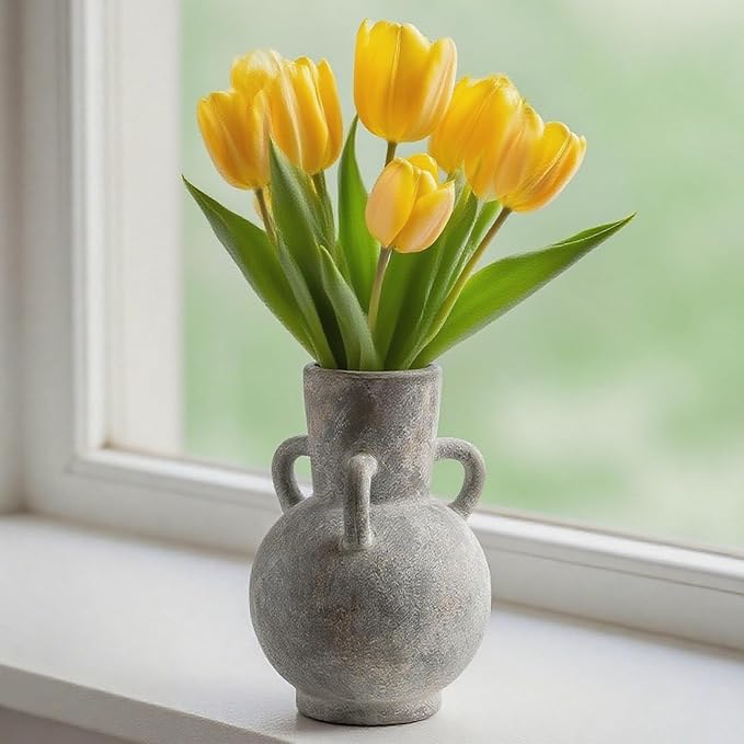 Rustic Grey Terracotta Ceramic Vase with Handles, Vintage Pottery Floral Vases, Cottage Core for Home Decor Table Centerpiece, Large Flower Vase for Bouquets Table Mantel Bedroon Bathroom 8.5 Inch-VerdiqueGarden