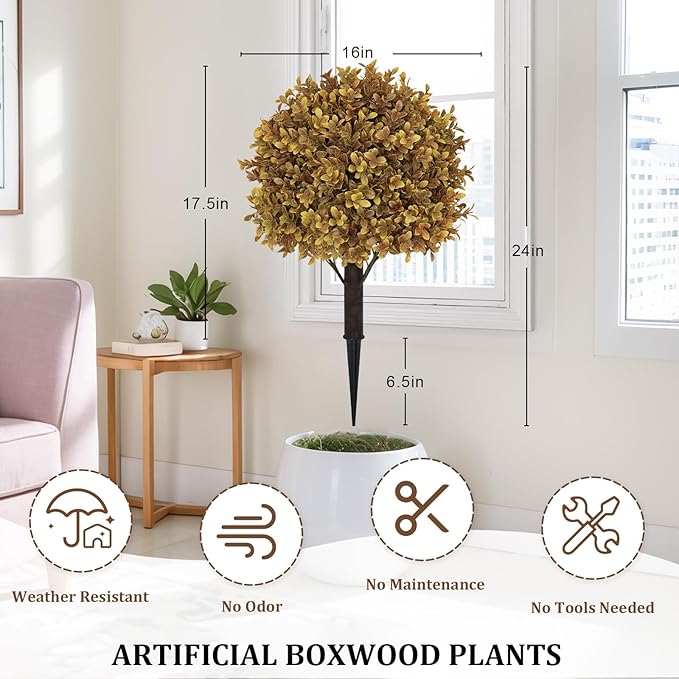 24" Tall Artificial Boxwood Ball Fall Topiary Trees Set of 2, UV Resistant Large Faux Plants Outdoor, 2ft Fake Bushes and Shrubs Look Real with Stake for Front Porch Outside Planter Backyard Decor-VerdiqueGarden