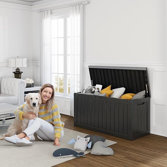 80 Gallon Resin Deck Box, Lockable Outdoor Storage Box for Patio Cushions Storage Furniture,Garden Tools, Pool Supplies, Weatherproof and UV Resistant- Black (80 Gallon)-VerdiqueGarden