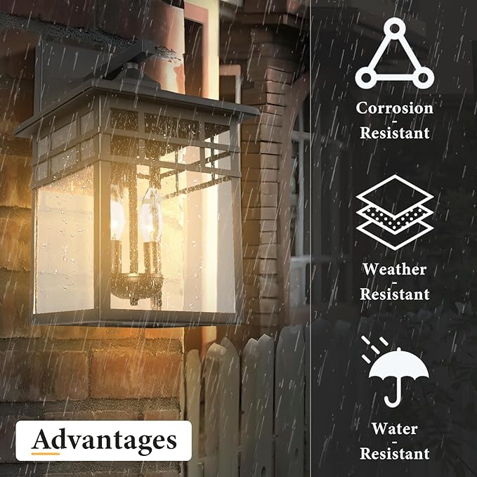 Outdoor Light Fixture Wall Mount, Black Exterior Light Fixture Wall Sconces with Seeded Glass for Front Porch, Large Waterproof Outdoor Square Wall Lantern Outside for House Doorway-VerdiqueGarden