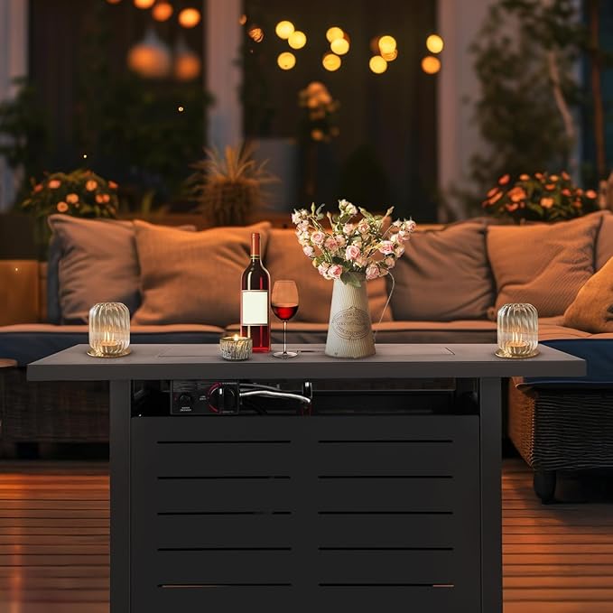 Hykolity 42 Inch Gas Fire Pit Table, 60,000 BTU Propane Pits for Outside with Steel Lid and Waterproof Cover, 2 in 1 Firepit Table Gatherings Parties on Patio Deck Garden Backyard, Black-VerdiqueGarden