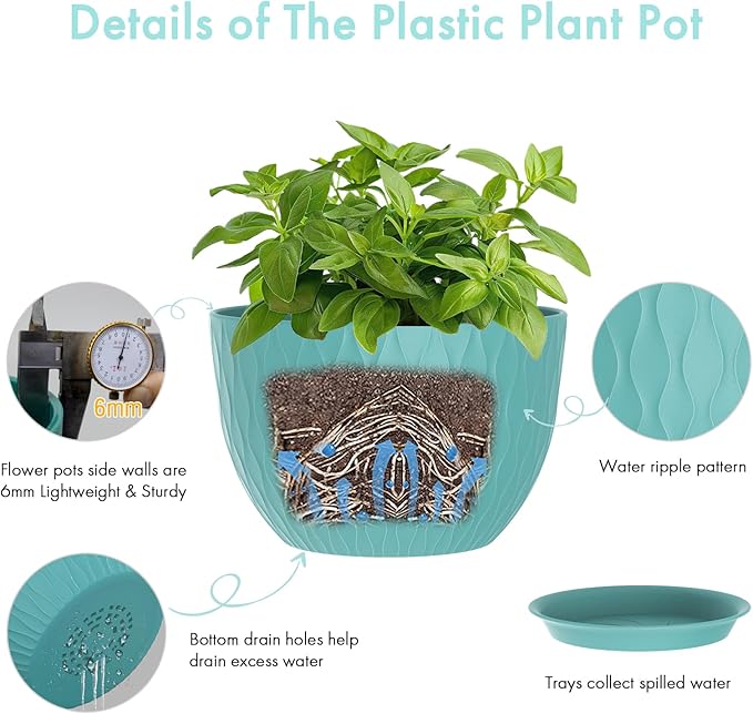12 Inch Large Plant Pots for Indoor or Outdoor Plants, Wide Water Ripples Flower Pots with Drainage Holes & Saucer, Plastic Planters Set for Garden & Home Decor (Blue Green)-VerdiqueGarden