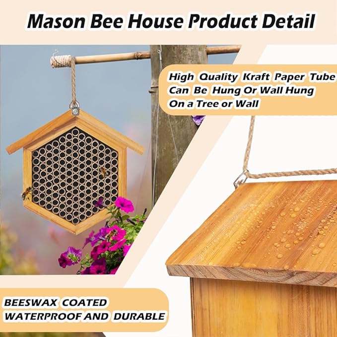 Mason Bee House Wax Coated Bee Hotel, Pollinator House Waterproof, Natural Handmade Wooden Mason Bee Hotel for Pollinating Bees Garden Supplies-VerdiqueGarden