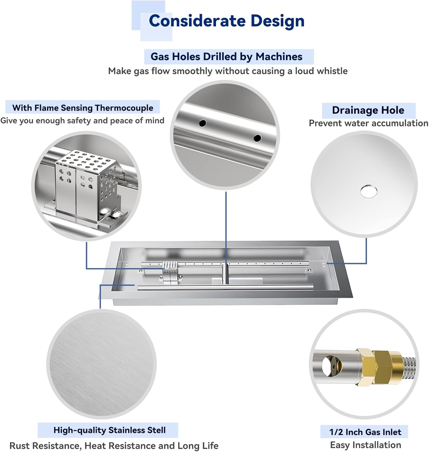 Skyflame Stainless Steel 24" Rectangle Fire Pit Drop-in Burner Kit with Extinguishing Protection Device, Flame Sensing, Electronic Spark Ignition, Gas Hose Connector for Propane-VerdiqueGarden