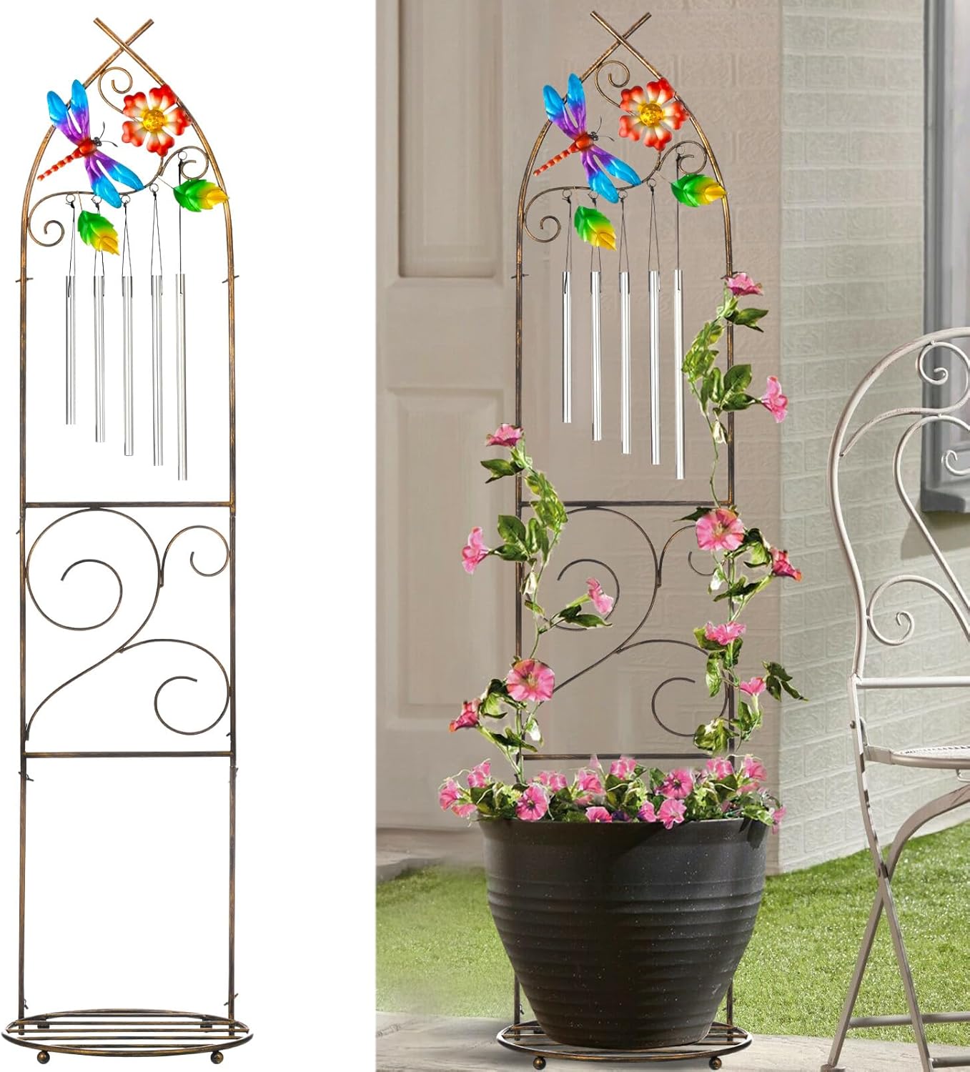 Garden Trellis with Plant Stands, 48” Metal Detachable Dragonfly Plant Pot Trellis with Wind Chimes for Climbing Plants Outdoor Lawn Patio Porches Decor-VerdiqueGarden