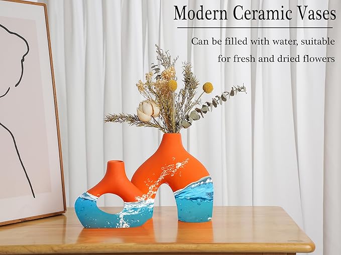 CEMABT Orange Ceramic Vase Set of 2 for Modern Minimalist Bohemian Decor，Round Matte Donut Vases for Pampas Grass-Perfect for Living Room, Dining Table, Office Bedroom Shelf Decor Entryway, Console-VerdiqueGarden