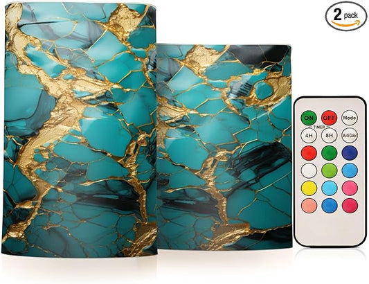 Flickering Flameless Candles, Turquoise Golden Marble LED Candles with Remote Timer, Set of 2 Battery Operated Candle for Valentine Wedding Birthday-VerdiqueGarden